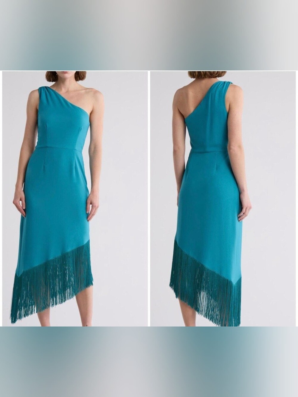 Hutch Teal One-Shoulder Fringe Midi Dress